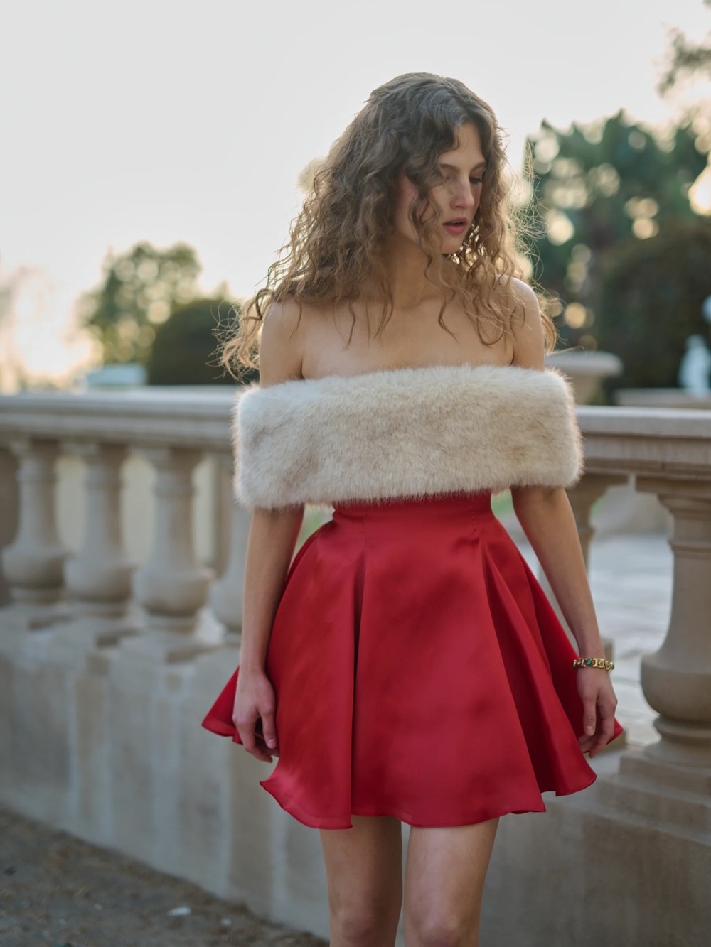 Selkie Red Satin Off-Shoulder Mini Dress with faux Fur Trim rouge ice rink
